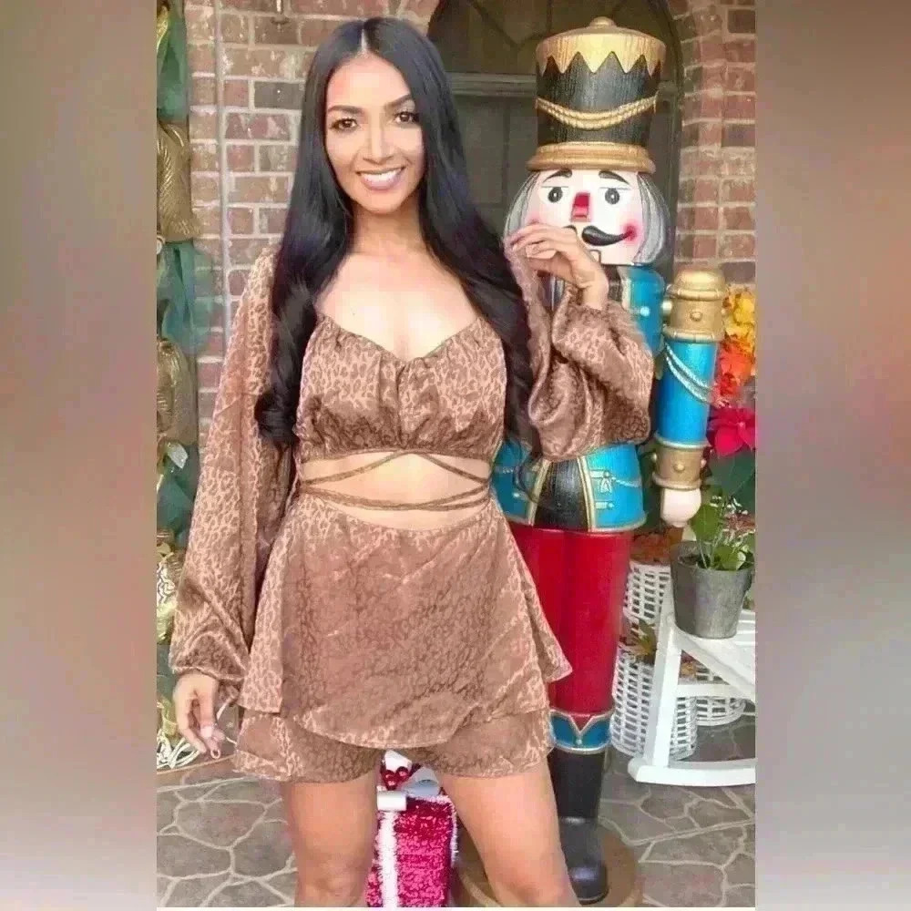 Womens Satin Brown Animal Long Sleeve Double Layer Romper